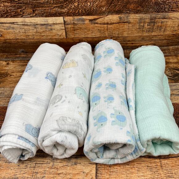 Aden + Anais Pretty Baby 4 Swaddle Baby Blankets Elephants Solid Teal Unisex - Picture 1 of 6